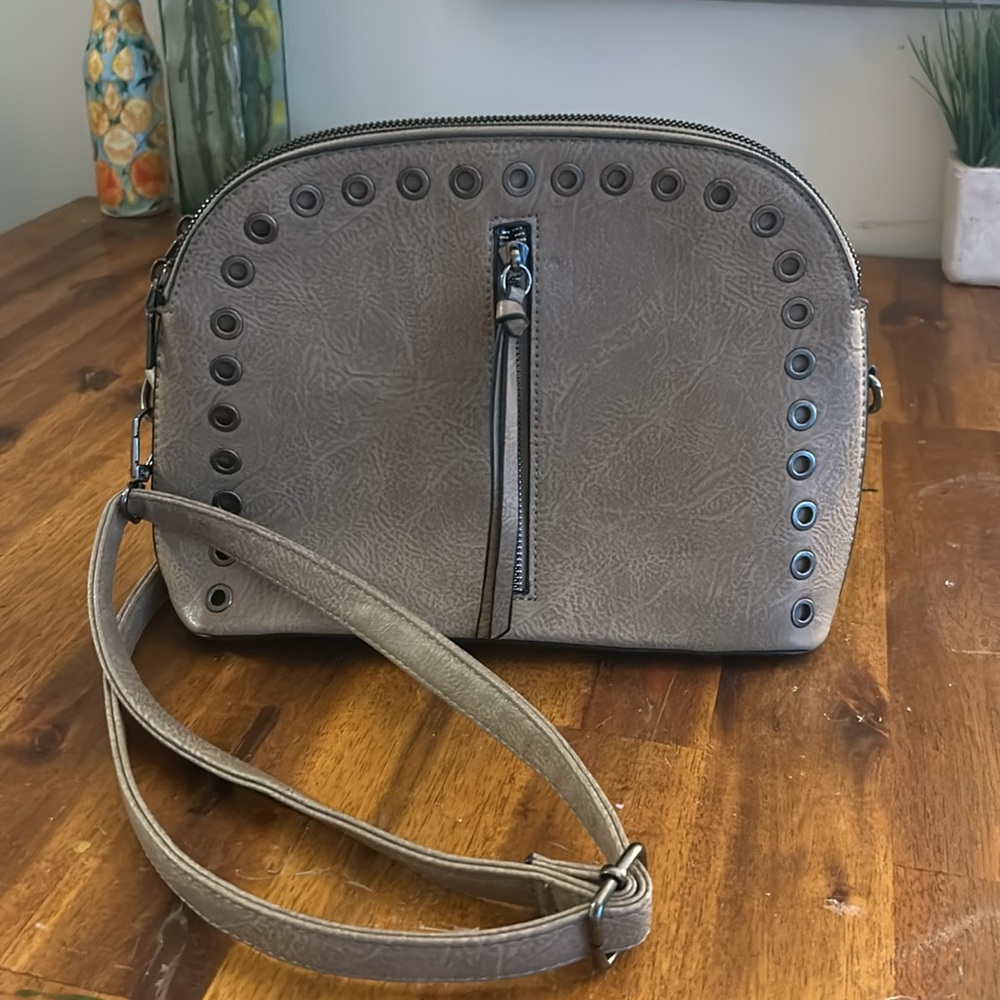 Stylish Taupe Crossbody Bag Silver Eyelet Detailing Multiple Zip/Snap Pockets